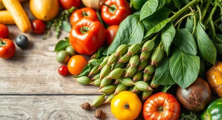 fresh moringa leaves and pods with colorful fruits and vegetables