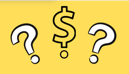 a yellow background with two question marks and a dollar sign
