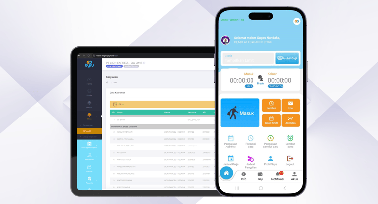 Tampilan aplikasi HR Byru ditampilkan di tablet dan smartphone.
