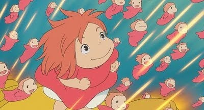 Ponyo and her smaller sisters. In this image she looks human, but still retains a fishy, wide face.