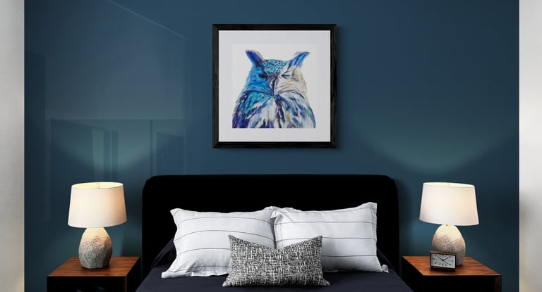 Owl Painting on blue wall above bed