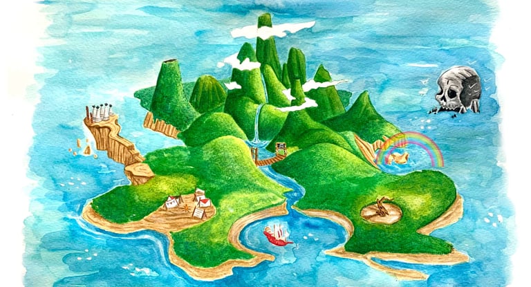Watercolor illustration of a tropical pirate island map with mountains, a skull rock, and a red ship.