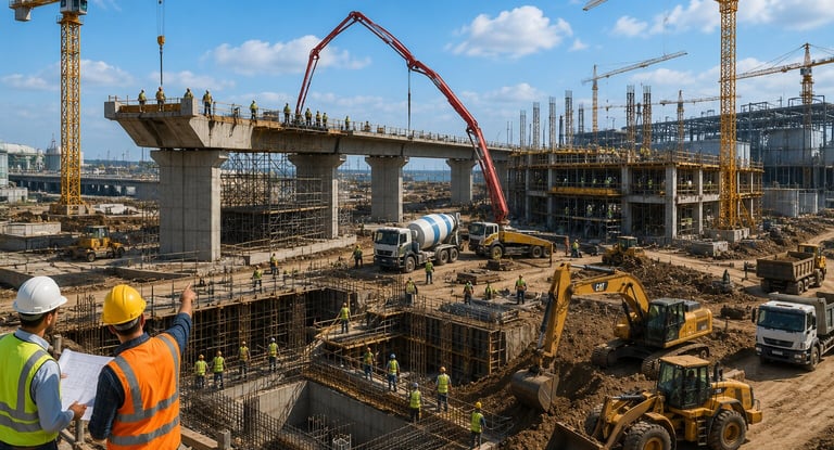 Large-scale infrastructure construction project with heavy equipment and engineering supervision