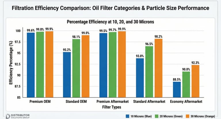 Bar chart comparing oil filter efficiency across OEM, premium aftermarket, and standard aftermarket