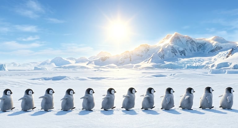 A row of fluffy baby emperor penguins walking across an Antarctic ice field under a bright sun.