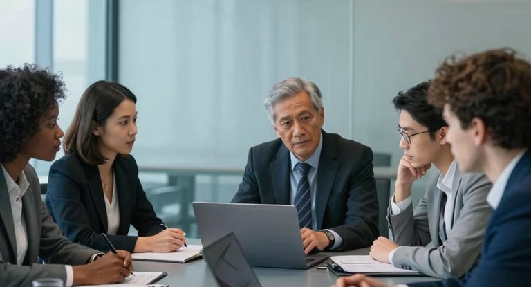 A diverse group of IT professionals in a sleek, glass-walled conference room. They are engaged in a professional discussion over a slim laptop. The environment is lit with bright, cool light, incorporating slate blue and dark navy tones.