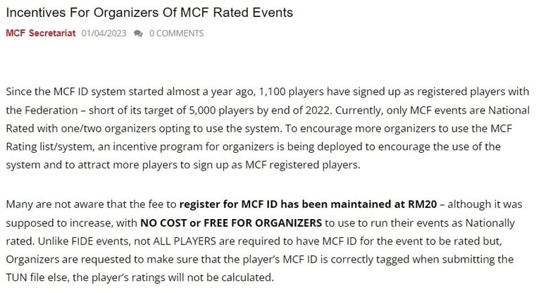 Incentives For Organizers Of MCF Rated Events. Malaysian Chess Federation. Malaysia Chess. 