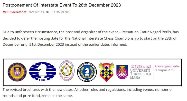 Malaysian Chess Federation. Interstate Event 2023. Catur Malaysia. Malaysia Chess