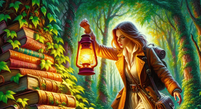 a woman in a long coat and a lantern light up in a forest