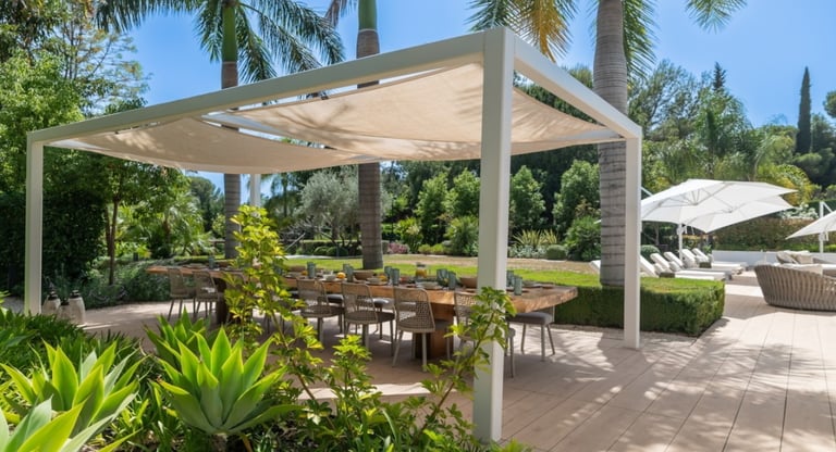 Spacious wooden dining table in the outdoor dining area of Villa Serenity