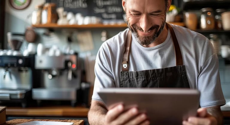 Business owner engaging with customer reviews on a tablet in a cafe.