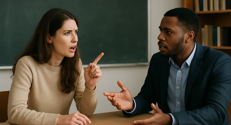 Two people having a focused conversation, illustrating techniques for mastering English