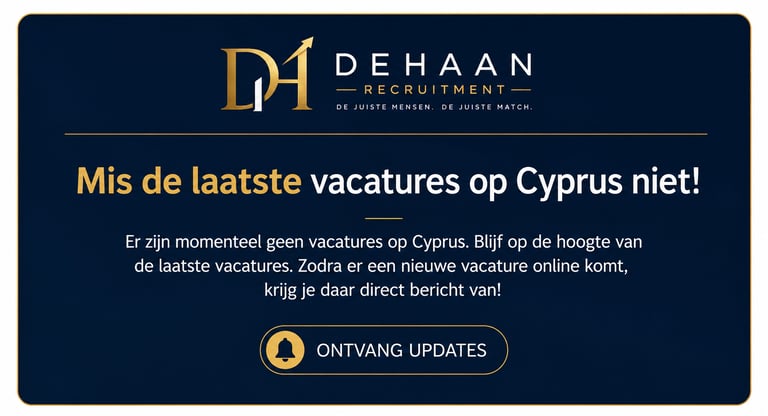 De Haan Recruitment banner advertising job vacancies in Cyprus with an update subscription button.