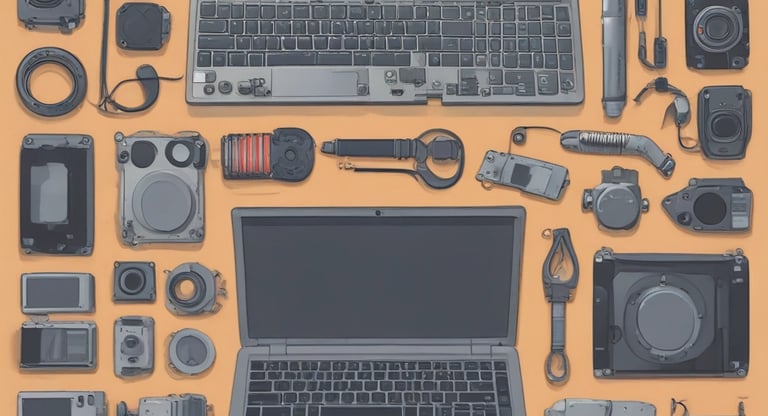 A wall display in a public service area with digital service sections. It features a large image of a smiling woman with glasses in the center, surrounded by digital screens and icons representing different electronic services. There are two orange kiosks with touch screens for self-service on the right side.