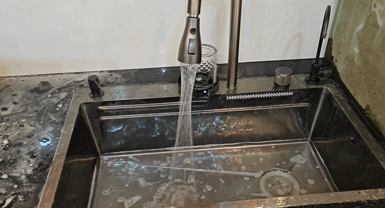 a kitchen sink with a faucet and a faucet faucet