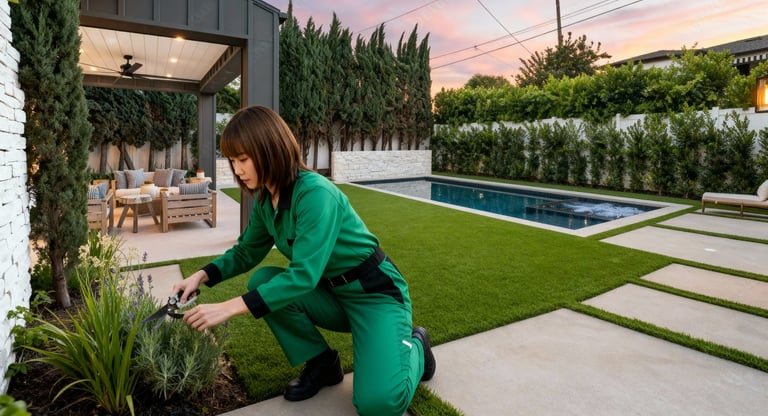 a person in green uniform pruning a plant in a flower bed