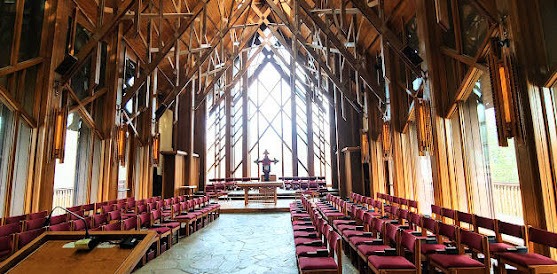 Sewanee - Chapel of the Apostles has woodwork intertwined with glass on the ceilings & walls