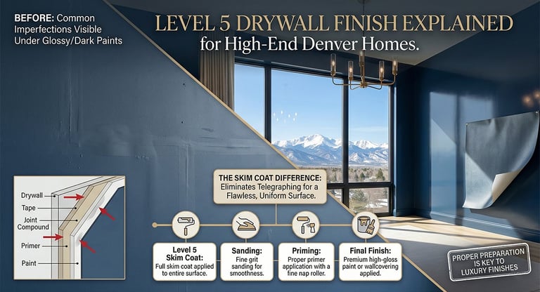 Comparison of Level 5 drywall finish skim coat process for luxury Denver home interiors.