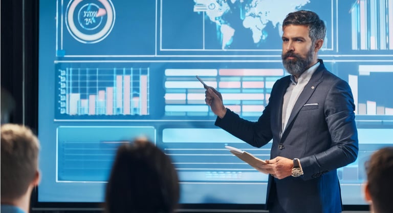 Businessman displaying interactive display product  