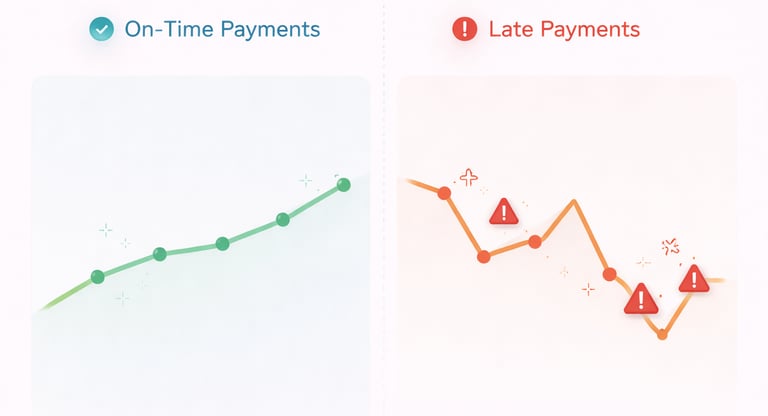 comparison visual showing consistent on-time payments versus disrupted payment patterns with late pa