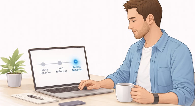 Concept Clean, calm visual: Person reviewing simple timeline on laptop/tablet Neutral expression (