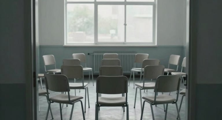 Wide environmental shot from the doorway of an empty group therapy room, rows of plain chairs arranged in a circle under diffused natural window light, institutional walls, no people present, cool gray tones, depth of field emphasizing the quiet geometry of the circle