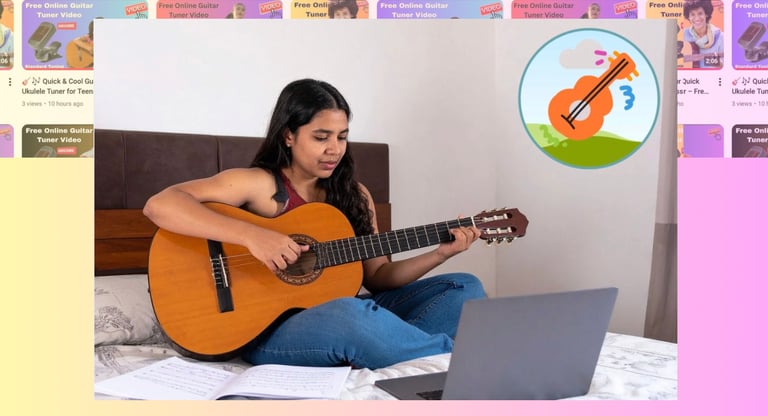 Young woman sitting on a bed learning guitar with a laptop and online music lesson videos.
