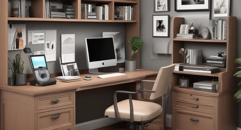 A cozy home office setup with modern computer and multimedia equipment.
