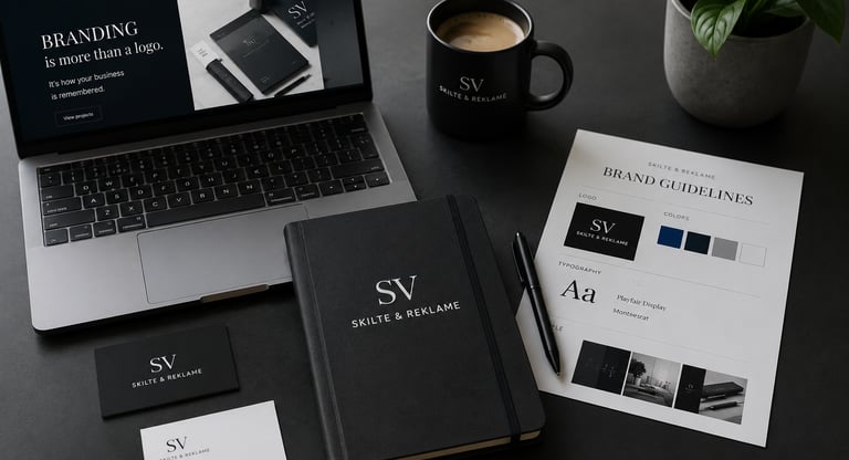 Professional branding and visual identity workspace with laptop, brand guidelines, business cards and modern design