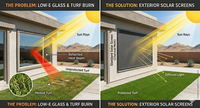 Image demonstrating turf burn with and without solar window screens