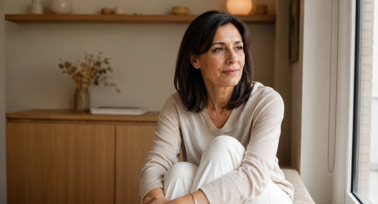 Thoughtful mature woman sitting on a window seat in a minimalist home interior looking out the window.