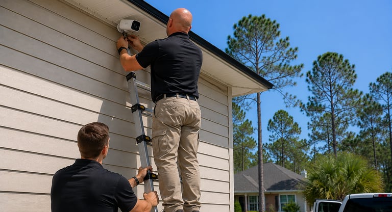 DLT technician installing a home security camera on a residential house using a tall ladder.