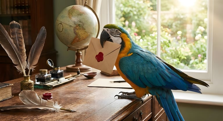 A colorful blue and yellow macaw parrot holds a wax-sealed envelope at a vintage writing desk.