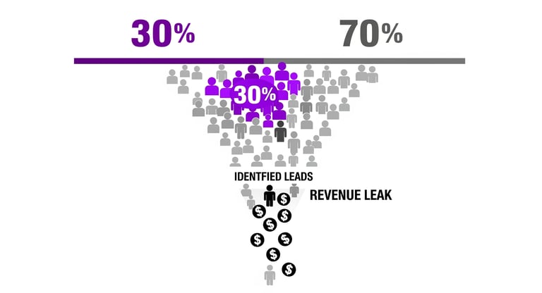 Infographic of a sales funnel showing 70% anonymous visitors and a revenue leak, with 30% converting