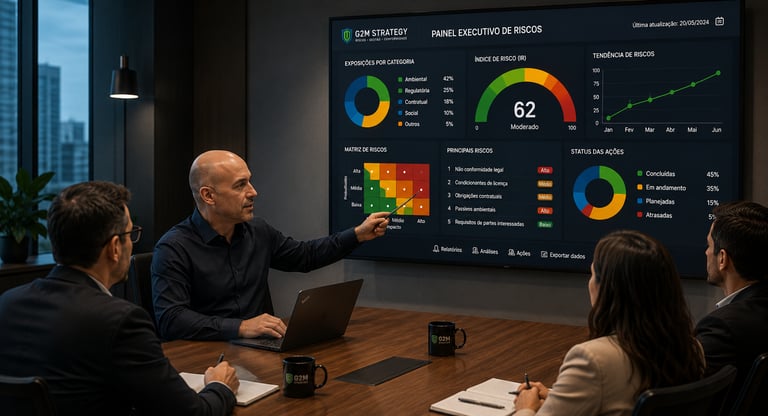 Business executive presenting a digital risk management dashboard with charts and data to a team in a boardroom.