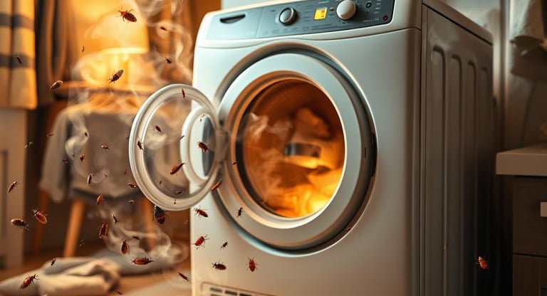 A clothes dryer with steam and heat emanating from it, surrounded by scattered bed bugs and their eggs
