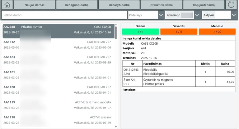 Power apps CRM darbų sarašas su KPI