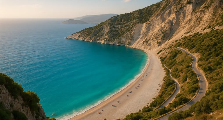 Aerial view of Myrtos Beach in Kefalonia, Greece, featuring turquoise waters, white pebbled shore, and steep green hills unde