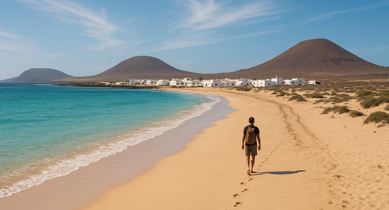 Golden sandy beach on La Graciosa island with clear turquoise water, a lone traveler walking along the shore, and whitewashed
