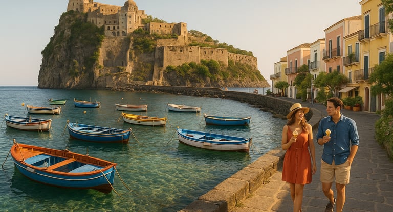 Coastal view of Ischia, Italy, with a medieval castle on a rocky cliff, colorful fishing boats in a clear harbor, pastel buil
