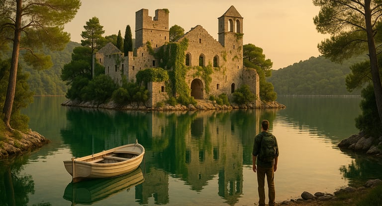 Ancient Benedictine monastery ruins on a small islet in a tranquil lake on Mljet Island, Croatia, surrounded by pine trees wi