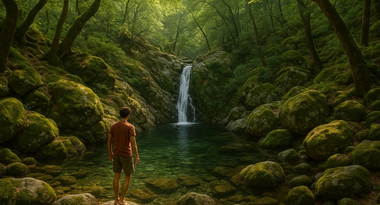 Waterfall flowing into a natural rock pool in a lush forest on Samothraki Island, Greece, with a solo traveler standing at th