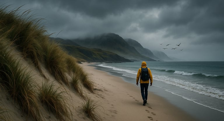 Remote beach on Colonsay Island, Scotland, with windswept dunes, a lone hiker walking along the shoreline, misty hills in the