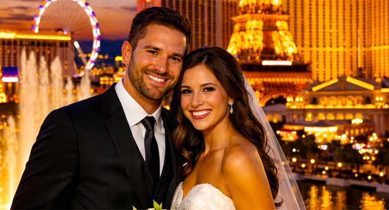A happy bride and groom posing for a wedding photo with the Las Vegas Strip skyline and Eiffel Tower at night.