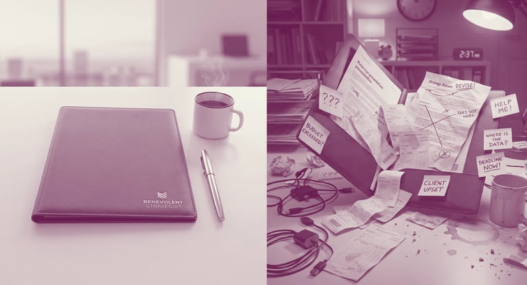 A split-screen image showing a neatly organized desk and a chaotic, messy desk with an open, overflowing folder