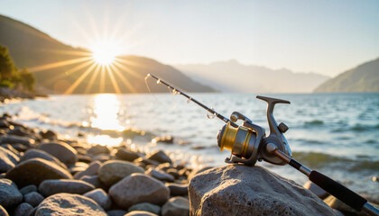 molinete para pesca de corvina com prata sobre uma pedra e ao fundo um lago com o por do sol.