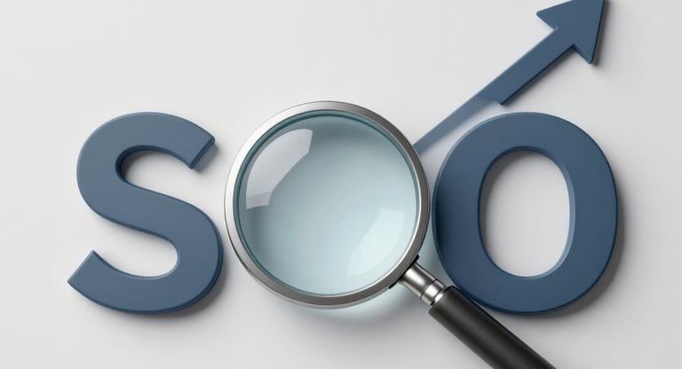 SEO concept with a magnifying glass over blue letters and a growth arrow on a white background.