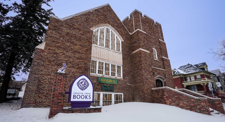 Historic church that has been converted to Chester Creek Books; a used bookstore located in Duluth