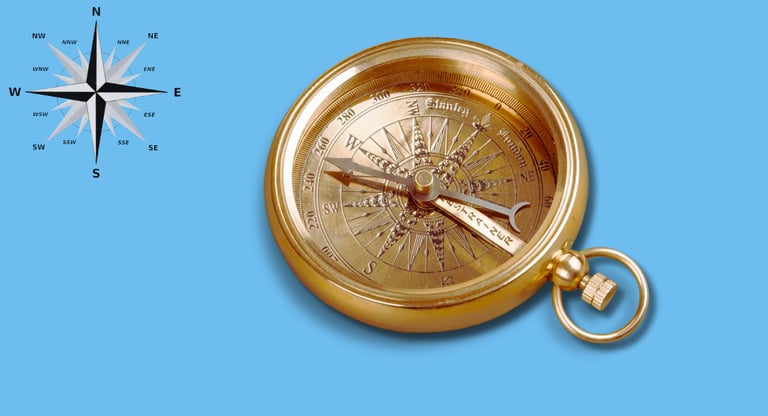 Compass and wind rose in the upper left corner.