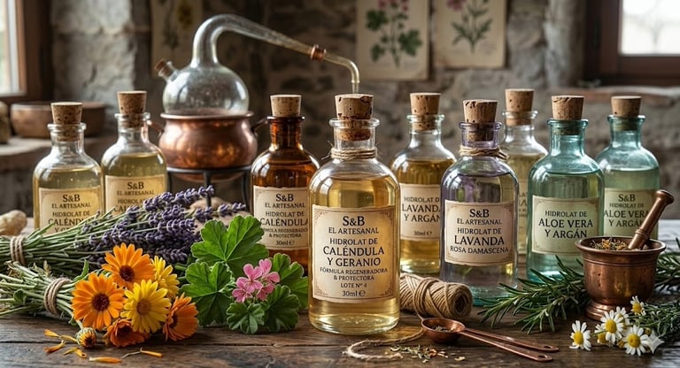 Alambique de cobre tradicional destilando hidrolatos puros por vapor en el taller  S&B El Artesanal